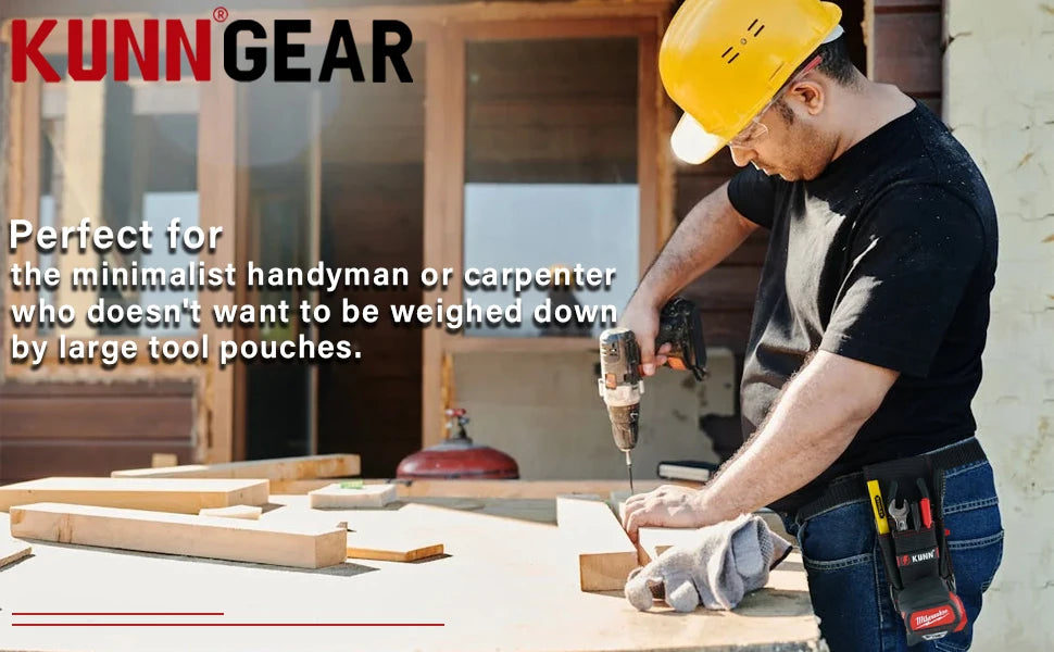 A man wearing a yellow hard hat is using a tool pouch on his belt while working with wood.
