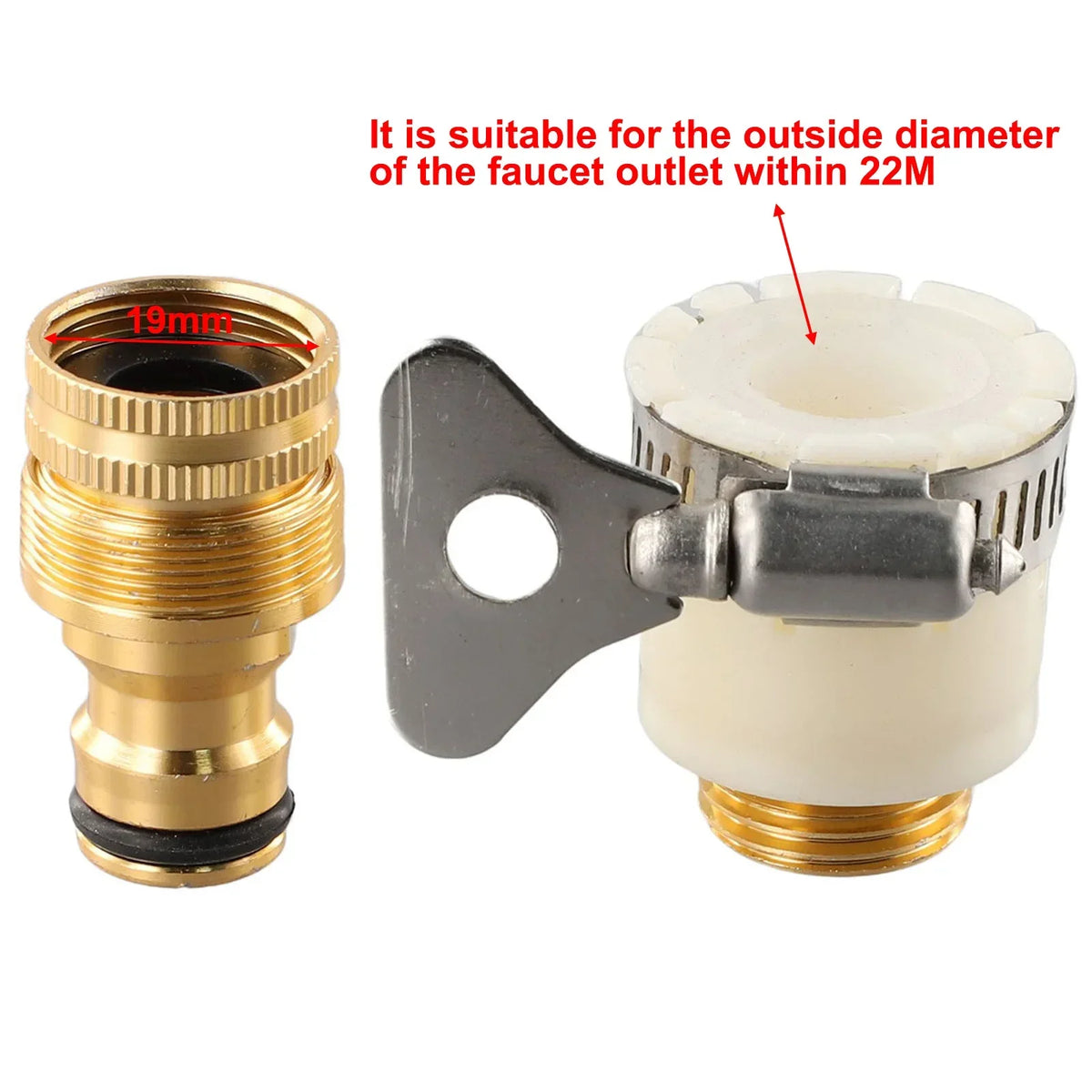 A brass tap adapter for a garden hose, suitable for faucet outlets with an outside diameter between 15mm and 23mm.