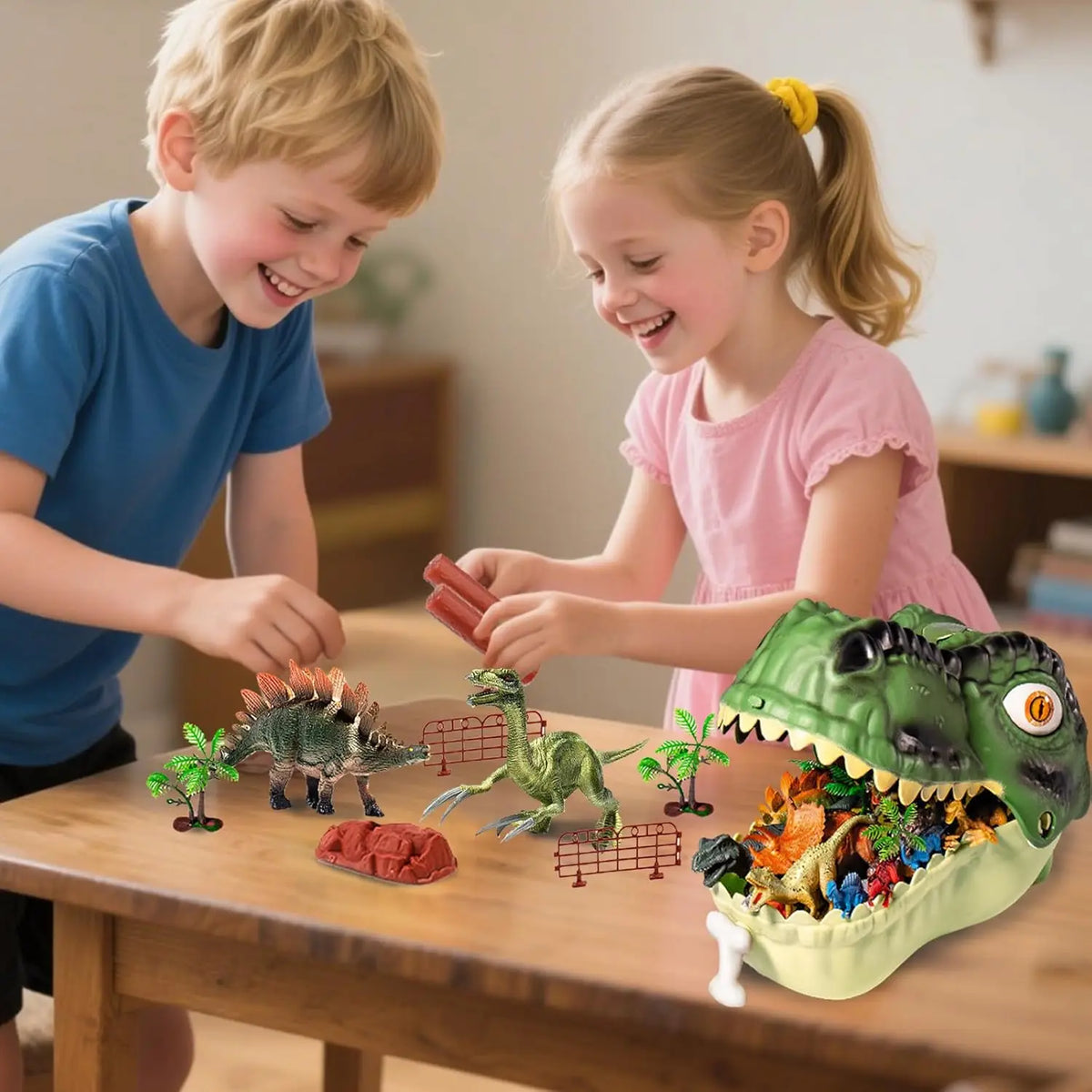 Two children play with a 46-piece dinosaur figurine set and storage box on a wooden table.