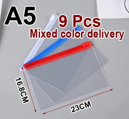 A set of 9 mixed color transparent A5 document organizer pockets with dividers.