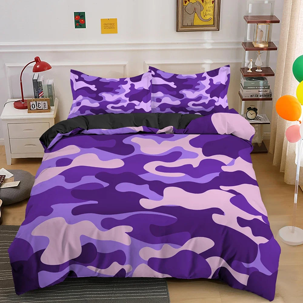 Purple and pink camouflage duvet cover set displayed on a bed with white bedside tables.