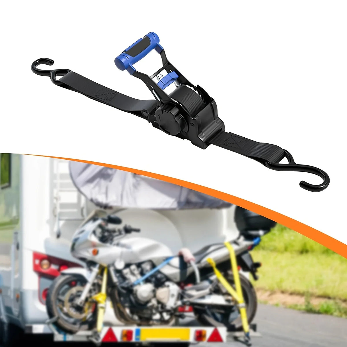 A black retractable ratchet tie-down strap with a blue handle is shown in context on a motorcycle.