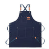 Navy professional chef apron with cross-back straps and tool pockets