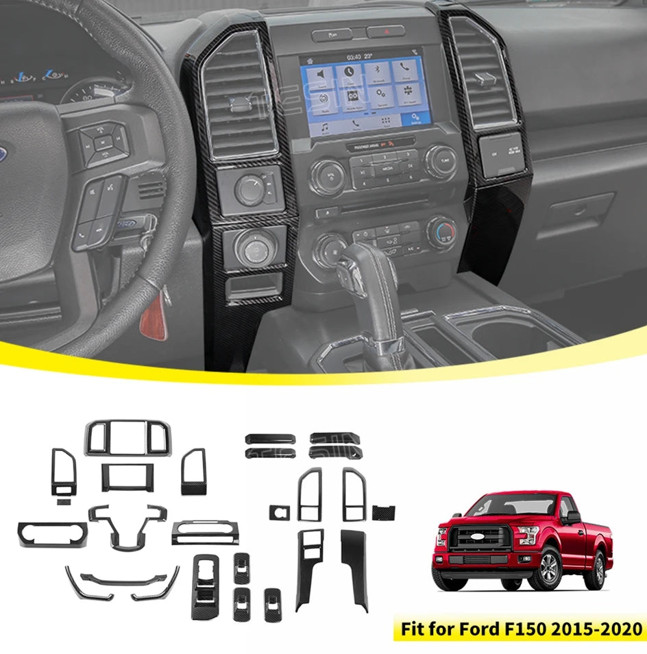 Carbon fiber grain center console trim cover for Ford F-150 2015–2020 featuring various trim pieces.