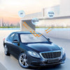 A dark sedan is shown with various light beams (UV, infrared, strong light) highlighting the windshield for sunshade protecti