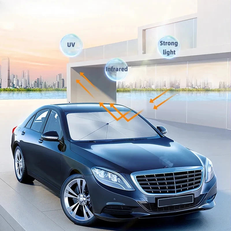 A dark sedan is shown with various light beams (UV, infrared, strong light) highlighting the windshield for sunshade protecti