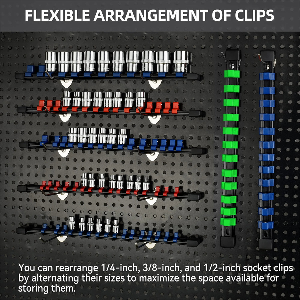 Flexible arrangement of various size socket clips organized on a rail with wall-mount handles