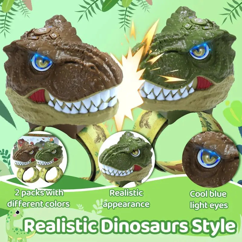 A set of realistic dinosaur heads with cool blue light eyes for kids