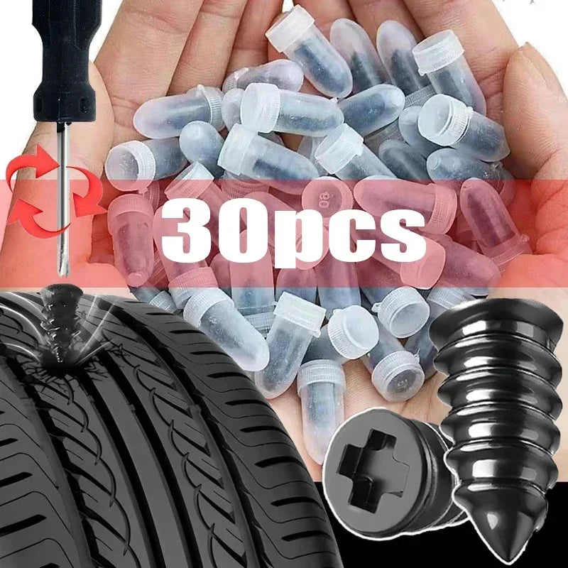 A hand holds a pile of 30 rubber nails used for tubeless tire puncture repair next to a tire tread.
