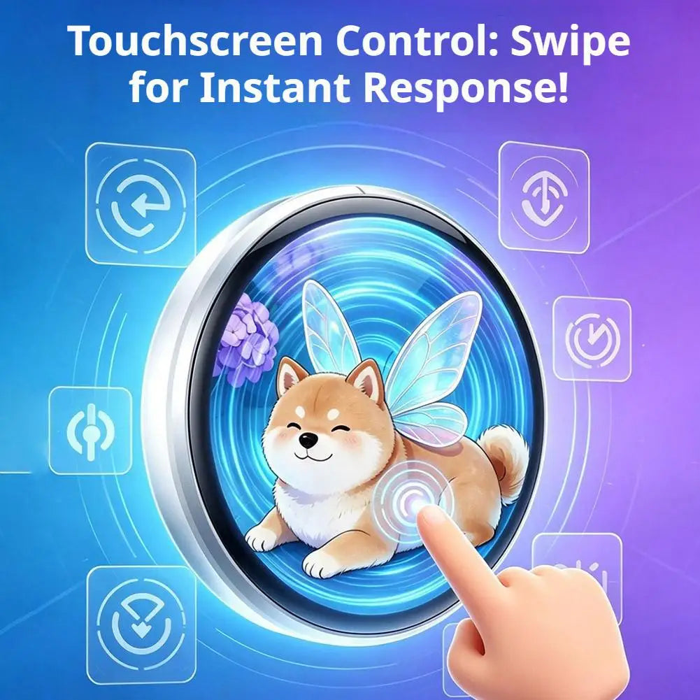 A paw-shaped anime digital badge is shown with a glowing touchscreen interface, demonstrating a swipe control feature.