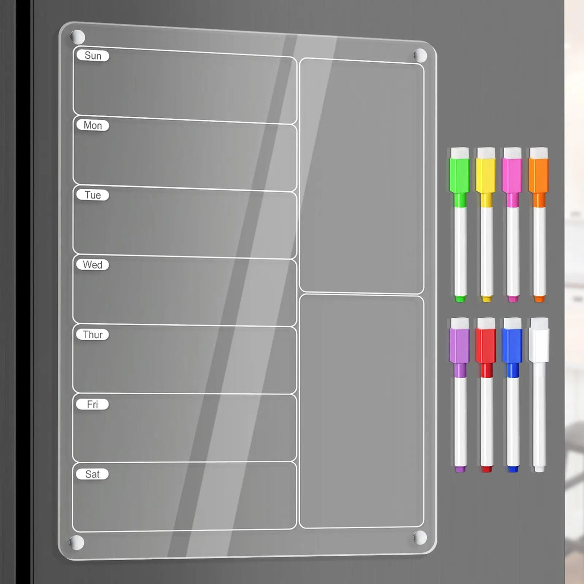 A clear acrylic magnetic meal planner board with labeled slots for daily meals and color-coded markers.