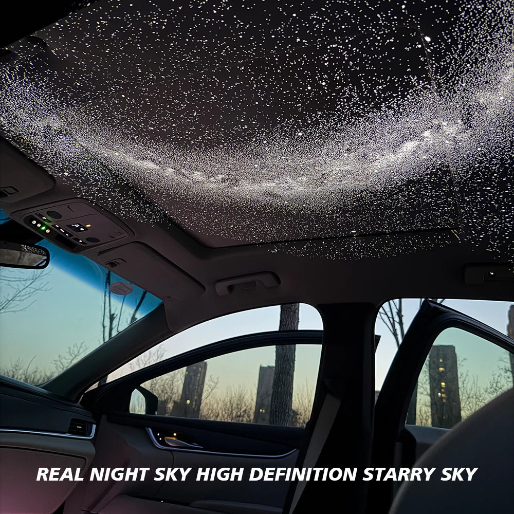 A car interior shows a ceiling projector creating a high-definition starry night effect on the sky.