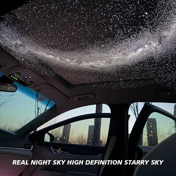 A car interior shows a ceiling projector creating a high-definition starry night effect on the sky.