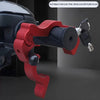 A red motorcycle handlebar brake lock is shown in a close-up view, designed for anti-theft security.