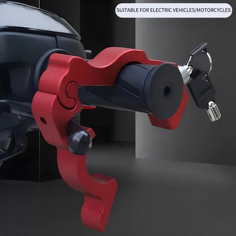 A red motorcycle handlebar brake lock is shown in a close-up view, designed for anti-theft security.
