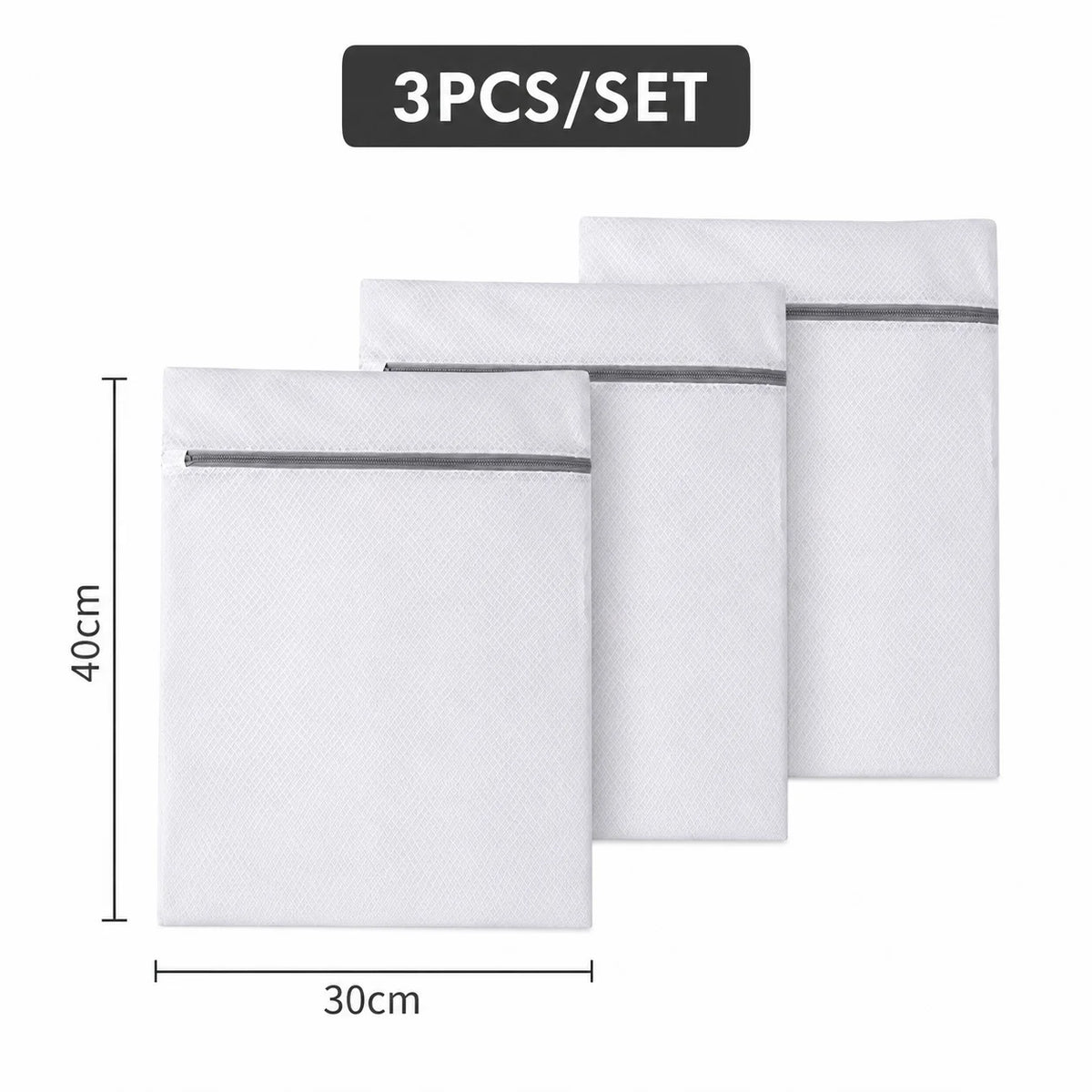 A set of three white mesh laundry bags with gray zippers shown side by side.