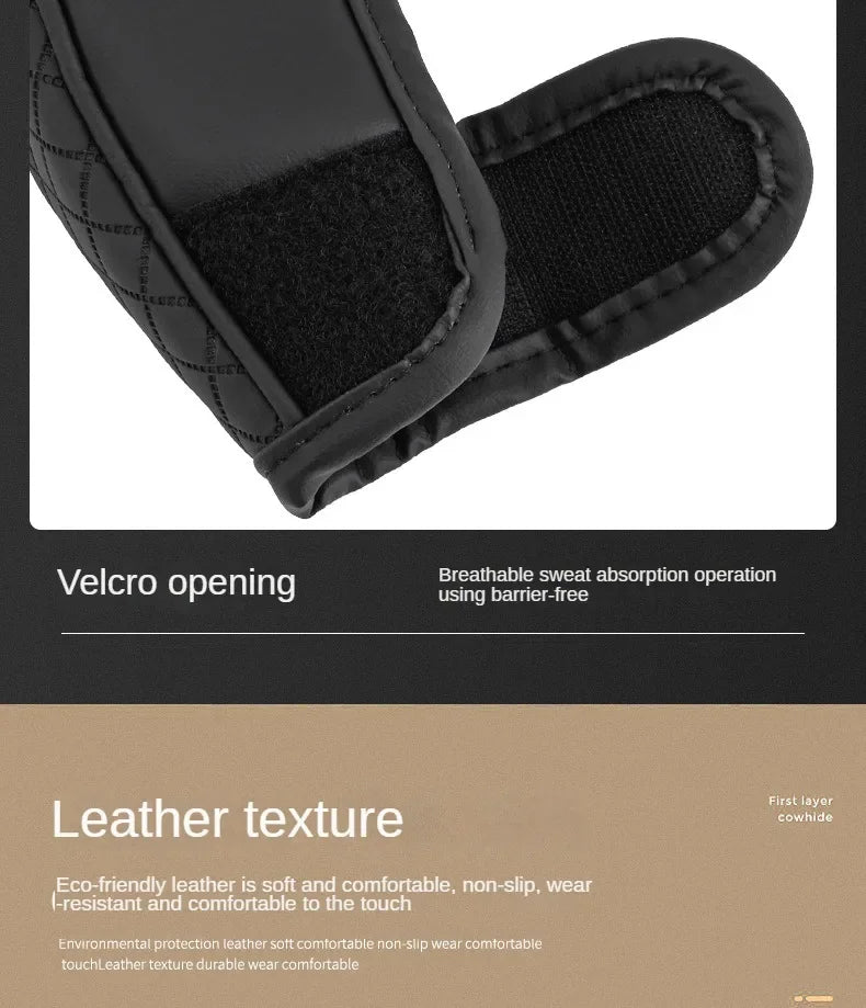 Black PU leather car gear shift cover with a velcro opening and breathable sweat absorption feature