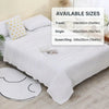White pure cotton muslin throw blanket displayed on a bed with available size options listed.