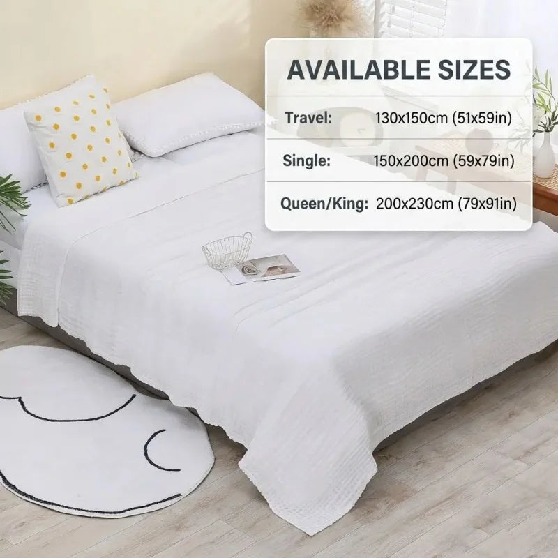 White pure cotton muslin throw blanket displayed on a bed with available size options listed.