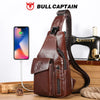 Men's Genuine Leather Sling Backpack with USB Charging Port