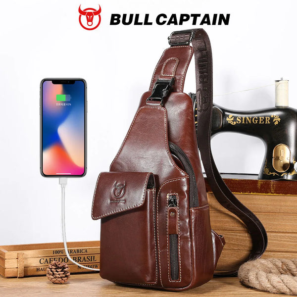 Men's Genuine Leather Sling Backpack with USB Charging Port