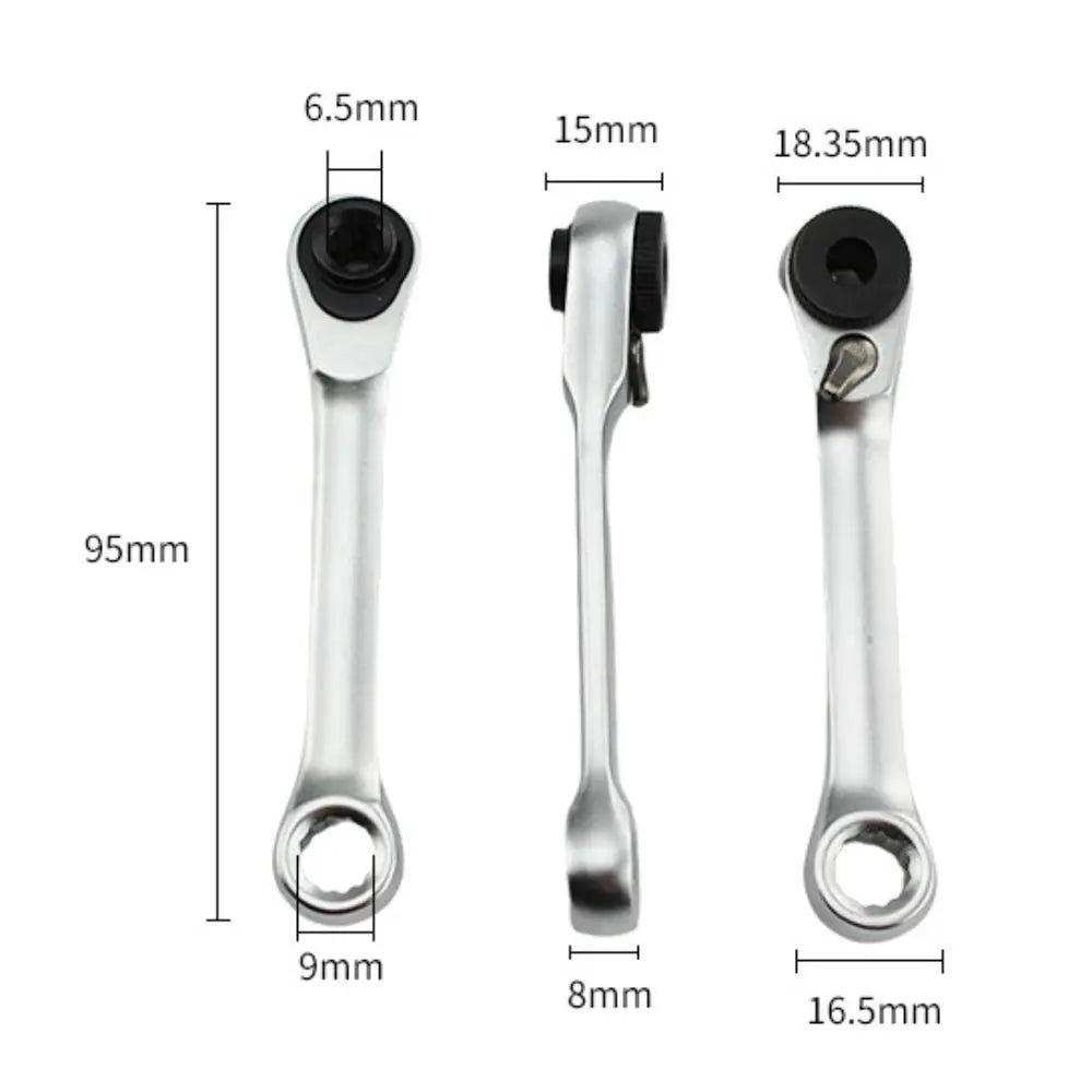 A set of double-headed mini ratchet wrenches shown with various measurements.