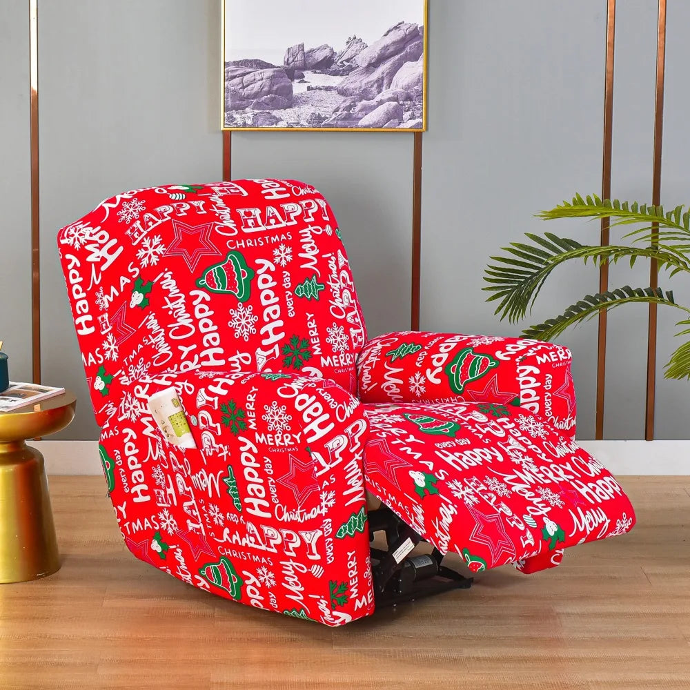 Printed Recliner Cover with Side Pocket — 4-Piece Set