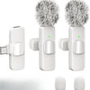 A white wireless lavalier microphone with a gray fuzzy windscreen shown in multiple views.