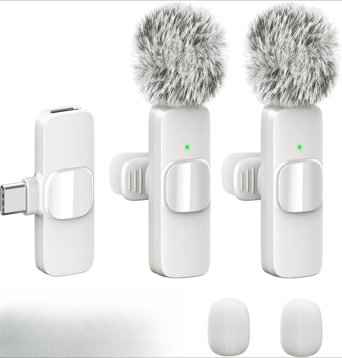 A white wireless lavalier microphone with a gray fuzzy windscreen shown in multiple views.