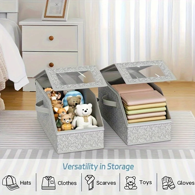 Gray foldable fabric storage box with a zipper for organizing hats, clothes, scarves, toys, and gloves.