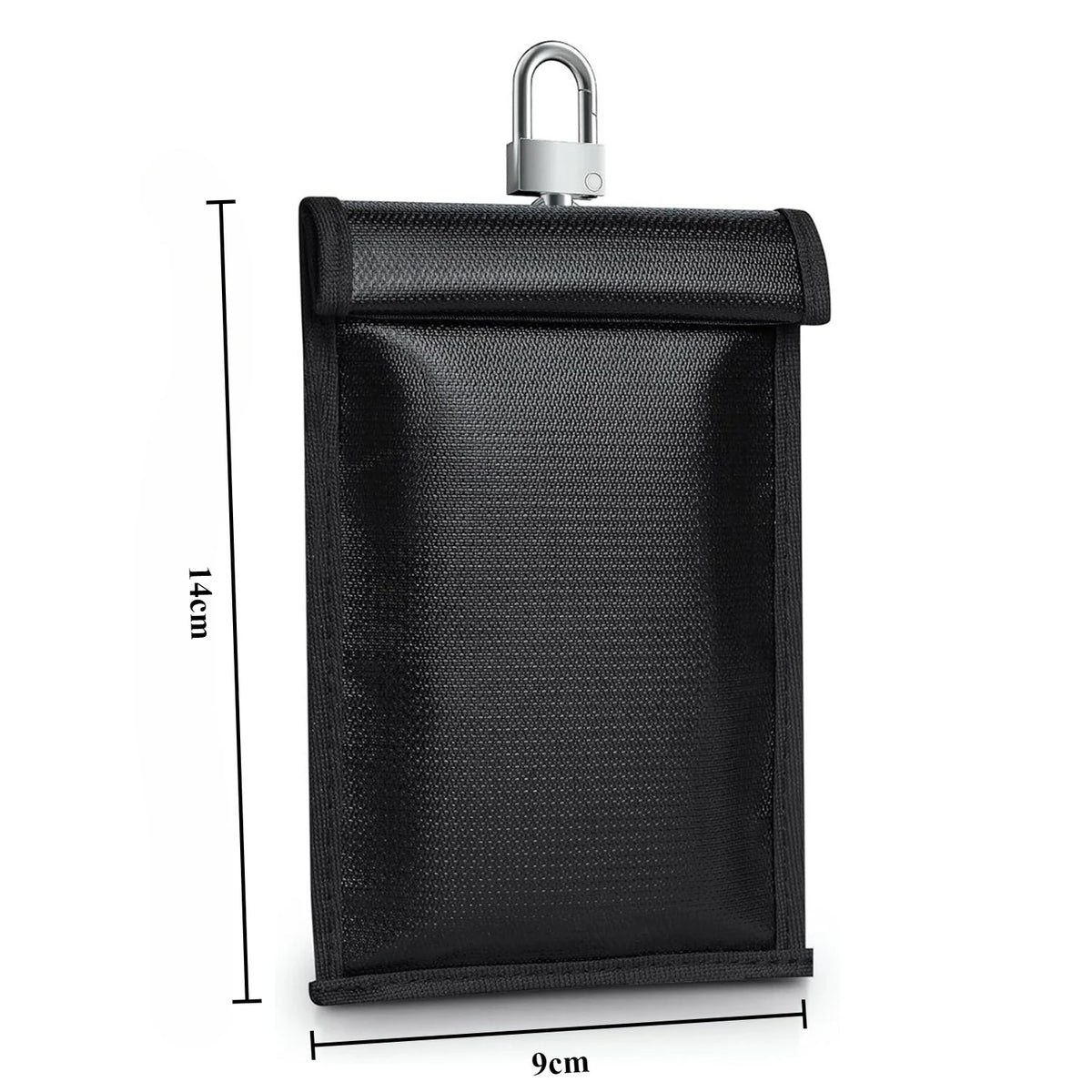 Black RFID blocking Faraday bag with a padlock for protecting car keys and phones