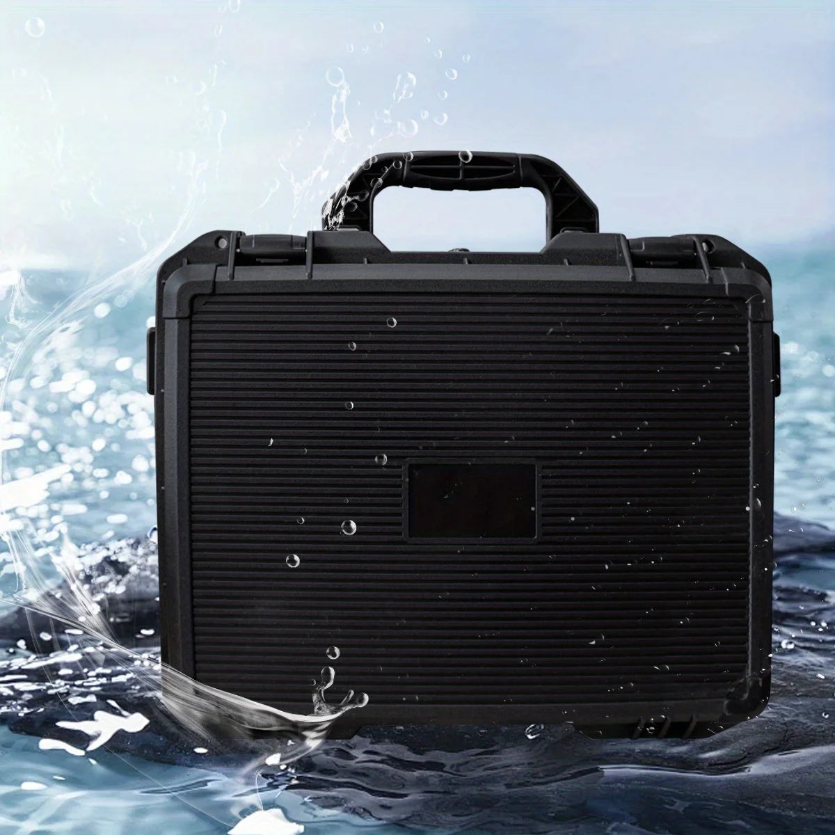A black hard shell protective storage case is shown being splashed by water.