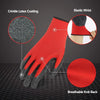 Red crinkle latex coated work gloves showing the elastic wrist and breathable knit back