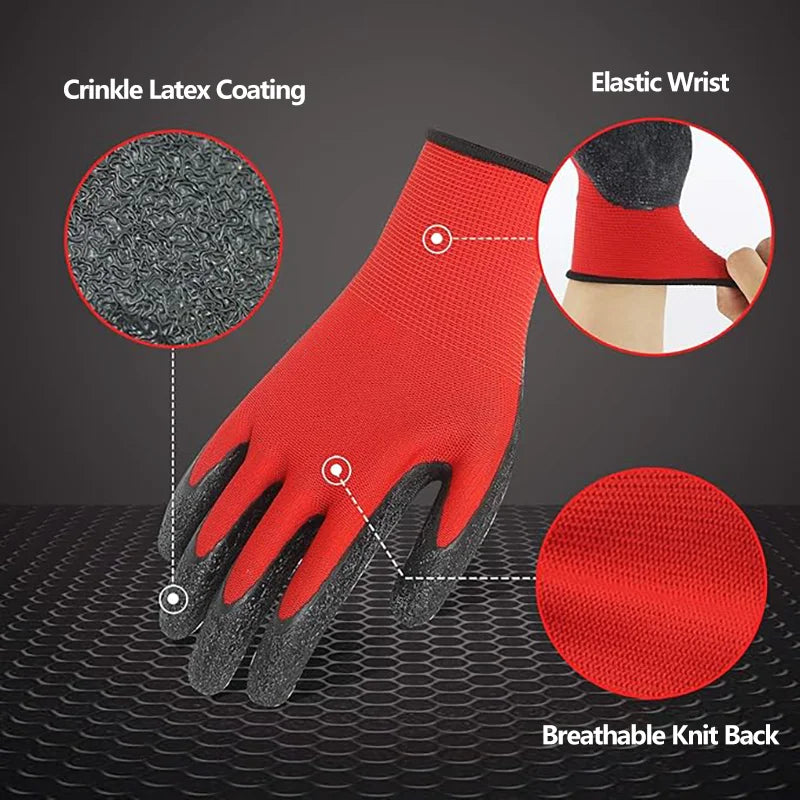 Red crinkle latex coated work gloves showing the elastic wrist and breathable knit back