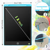 A digital LCD writing tablet in light blue with a stylus pen, showing its dimensions and usage examples.