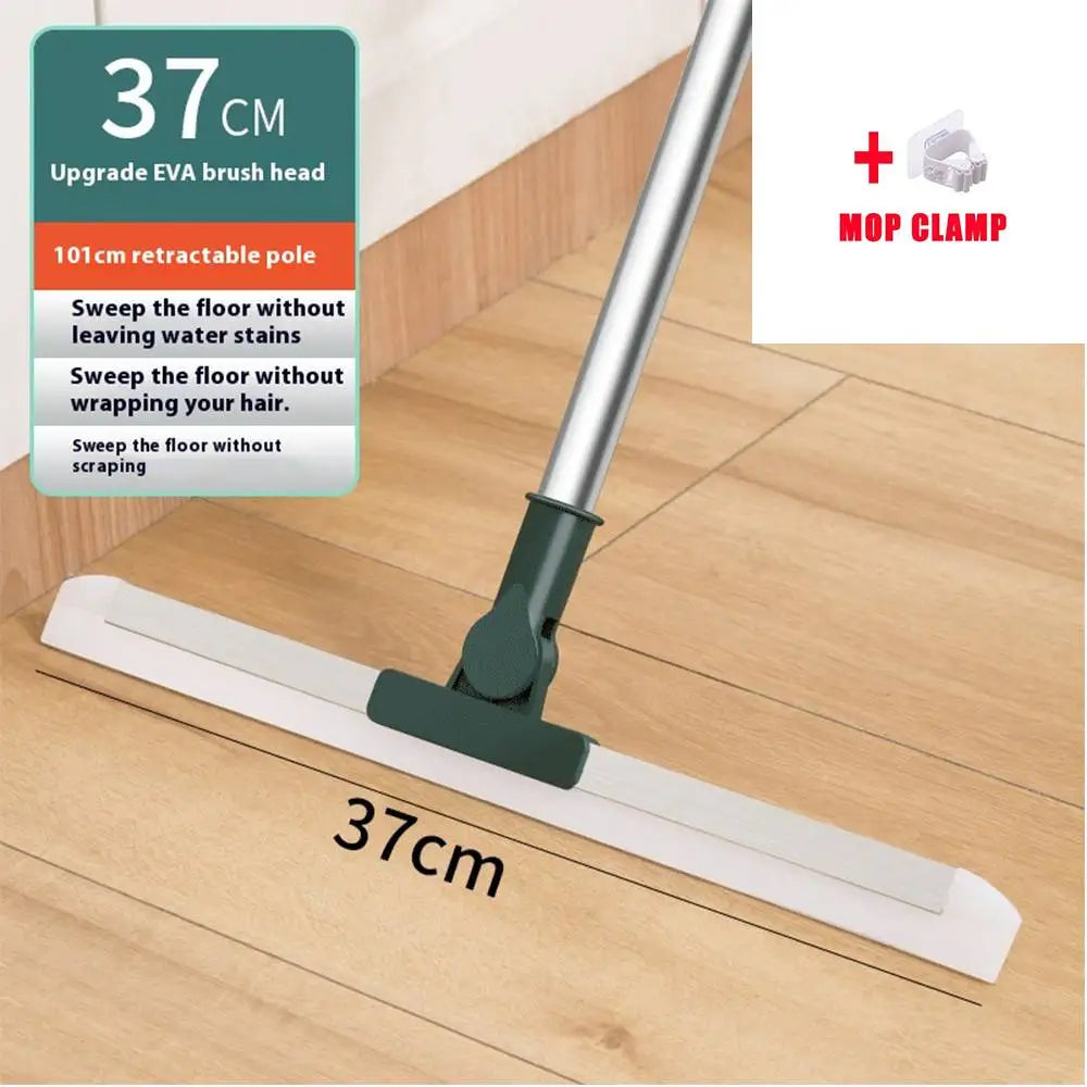 A floor squeegee with an aluminum handle and a 37cm blade is shown on a wooden floor.
