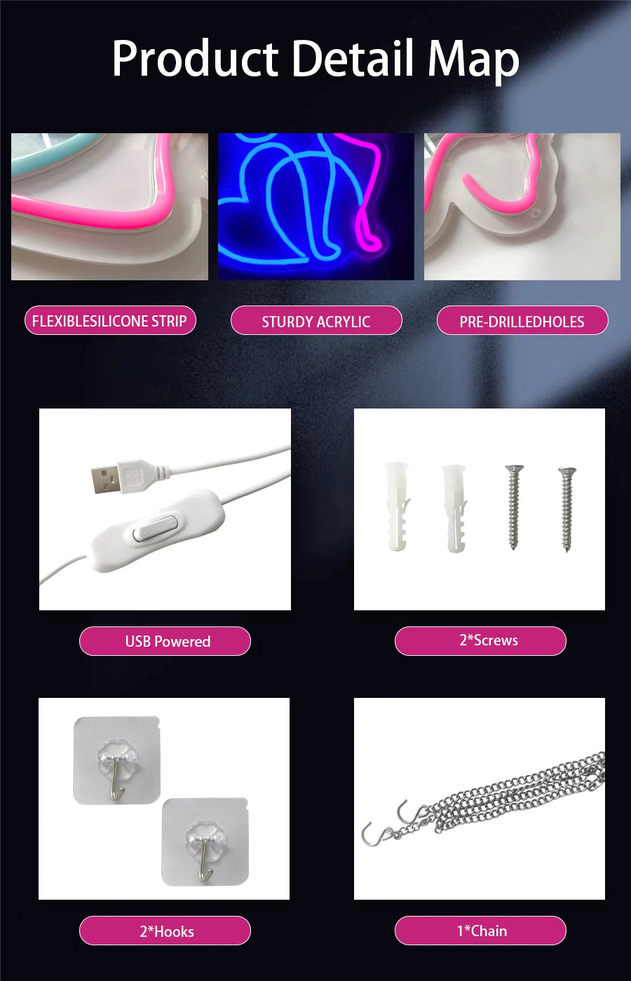 Detail map showing components of a Peterbilt truck neon sign including flexible silicone strip, sturdy acrylic, pre-drilled h