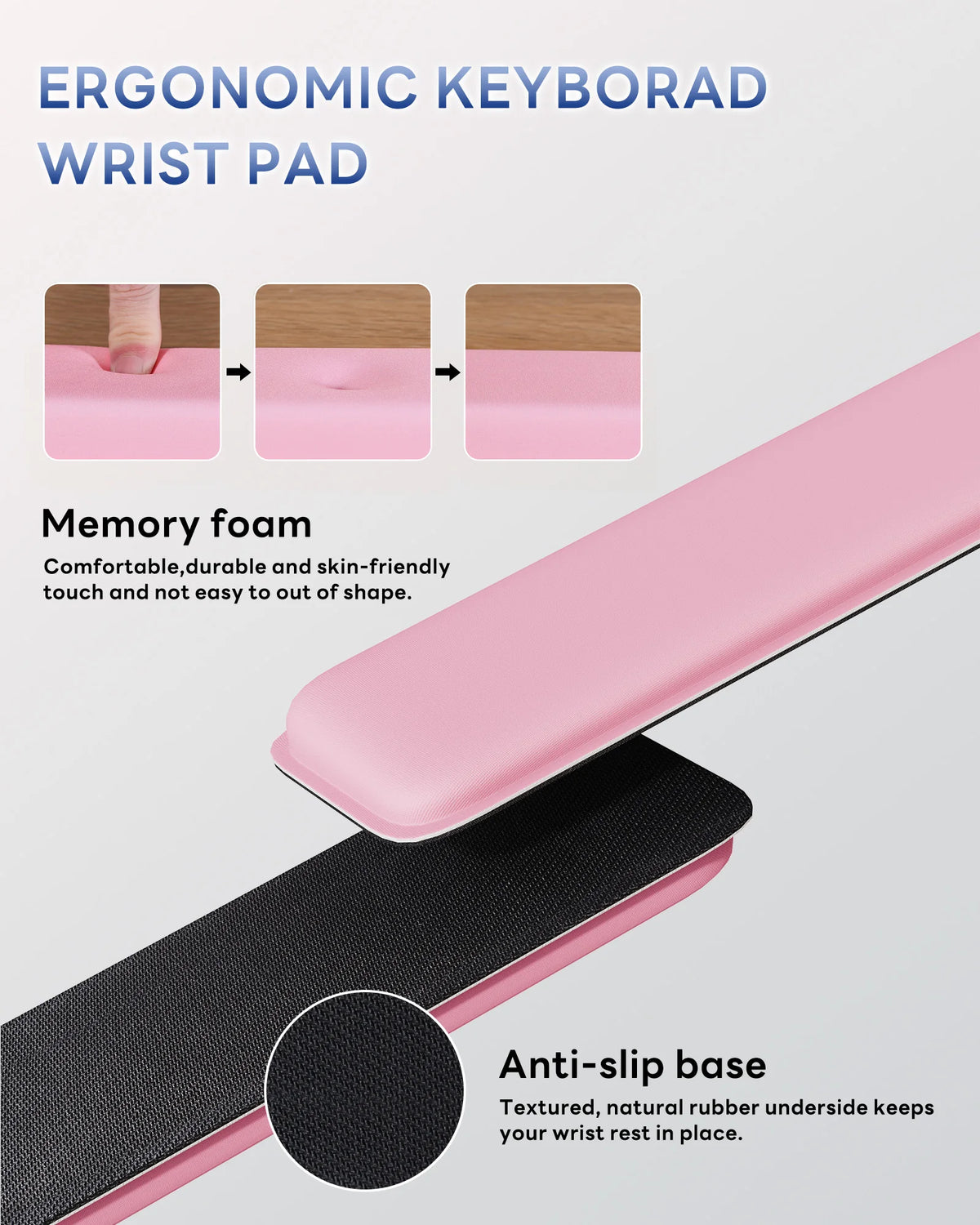 Pink ergonomic keyboard wrist pad featuring memory foam and an anti-slip rubber base.