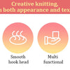 A graphic showing four features of a creative knitting set: beautiful and practical, smooth hook head, multi functional, and 