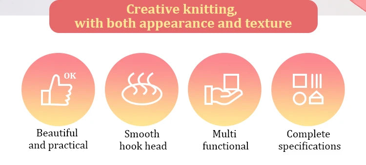A graphic showing four features of a creative knitting set: beautiful and practical, smooth hook head, multi functional, and 