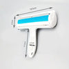 A white pet hair remover roller with a blue bristled head and a handle, shown with dimension lines.