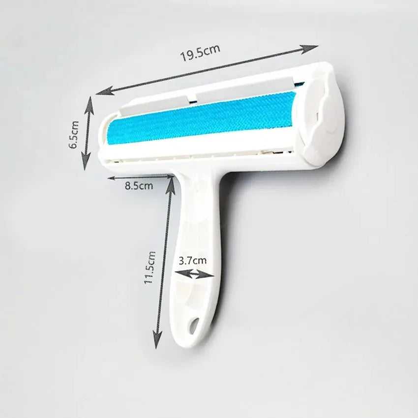 A white pet hair remover roller with a blue bristled head and a handle, shown with dimension lines.