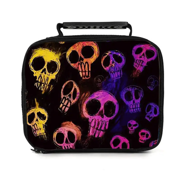 Black lunch bag featuring a vibrant skull print design with various colors like yellow, pink, and purple.