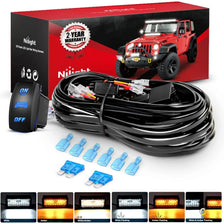 A black LED strobe light wiring harness kit with a 6-mode switch and multiple light modes displayed on a box.