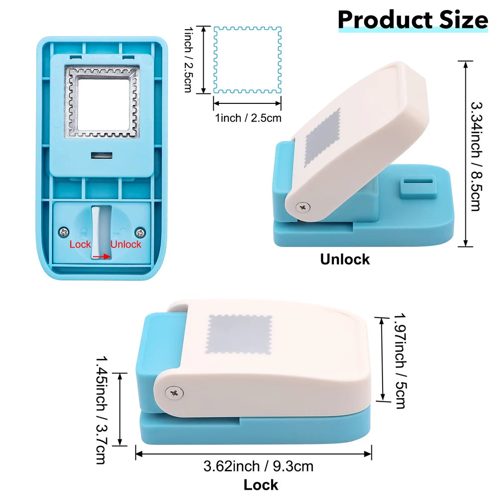 A set of blue and white postage stamp paper punch tools showing lock and unlock versions with various sizes.