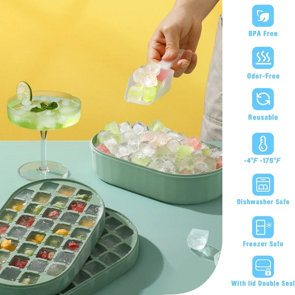 A hand is holding a clear double layer ice cube tray filled with ice cubes, next to a green glass and silicone trays.