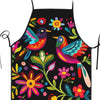 Black apron with a colorful floral print featuring birds and flowers.