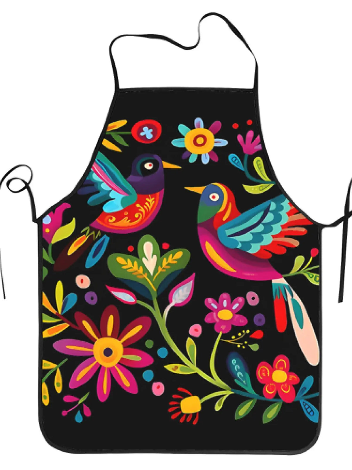 Black apron with a colorful floral print featuring birds and flowers.