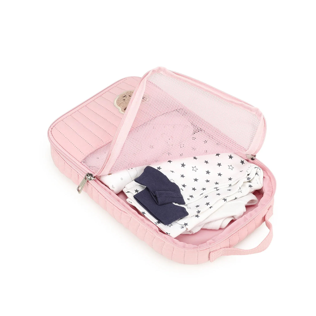 A pink stroller hanging diaper bag with a mesh pocket and separate storage for baby items.