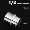 A close-up view of a chrome-vanadium steel socket interface with a 1/2 square drive and a 12.5mm dimension marker.